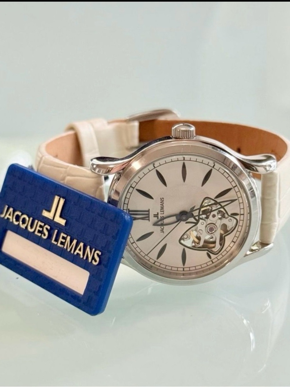 Jacques Lemans White Strap Silver Open-Heart Automatic Watch